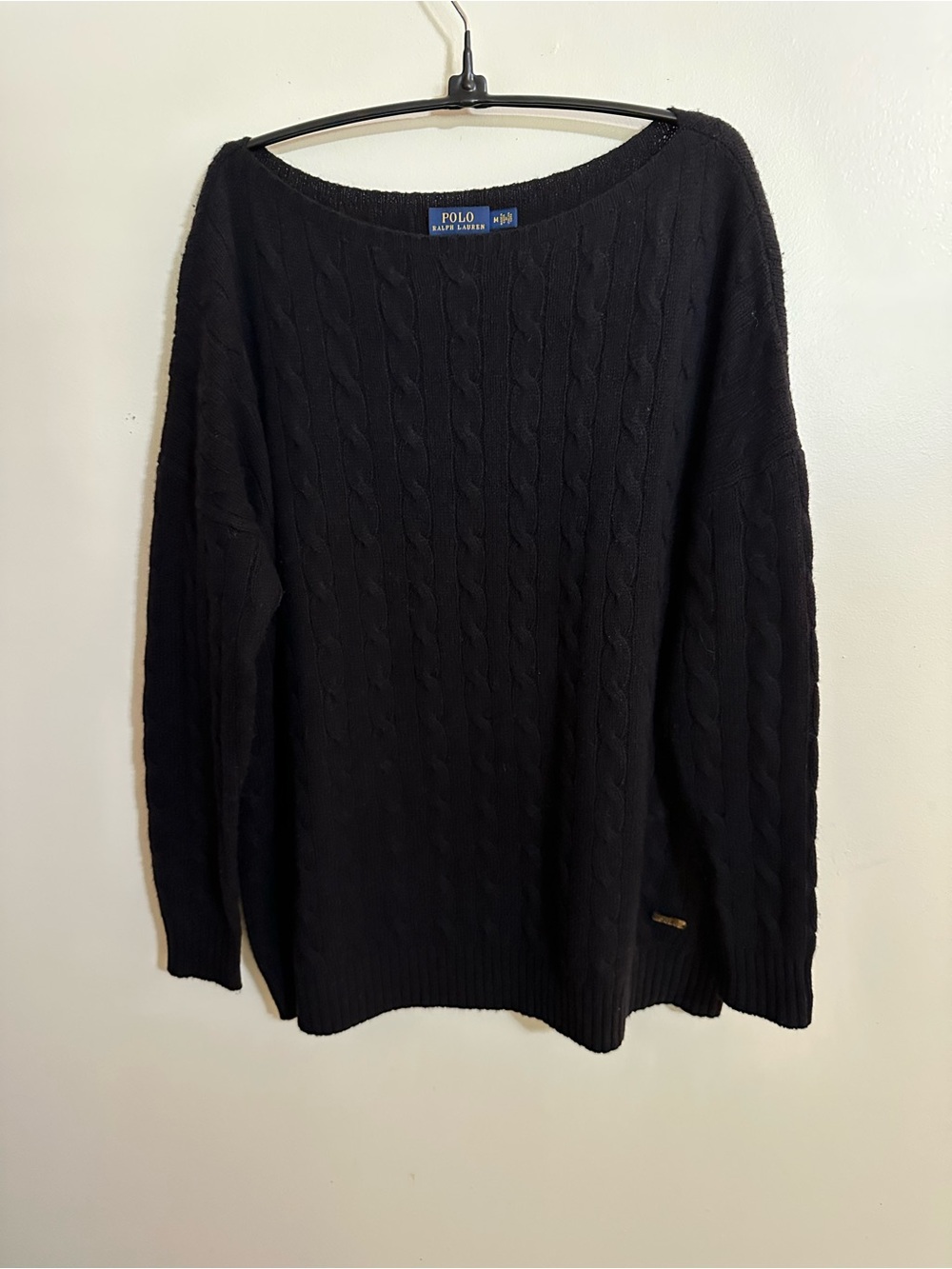 Polo by Ralph Lauren Black Boat Neck Cable-Knit Sweater with Raglan Sleeves - Picture 7 of 8